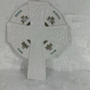 White Celtic Cross Porcelain Wall Hanging Plaque Peace Plenty Love Luck